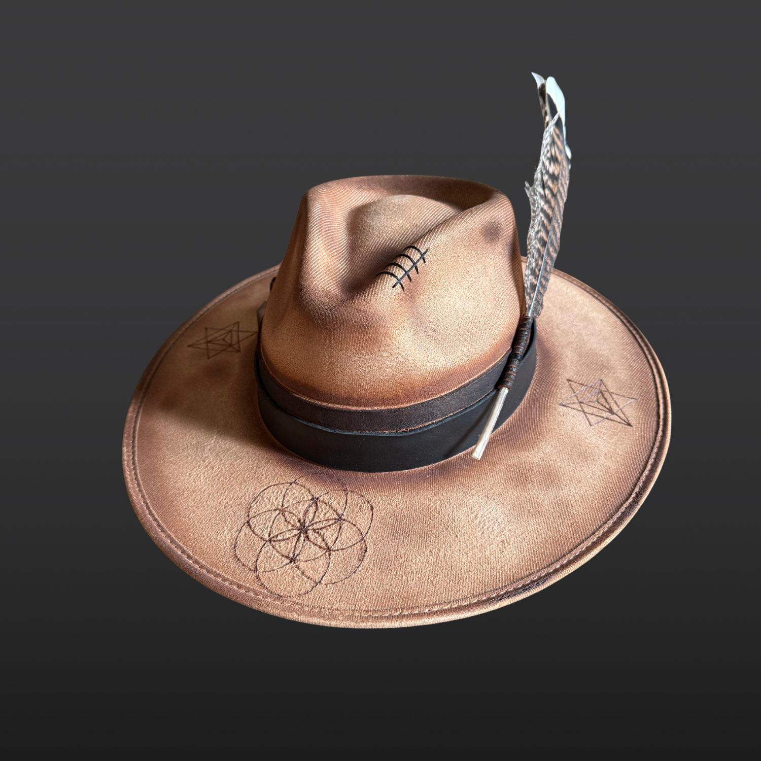 Firekeeper camel wide brim fedora with Seed of Life, Merkaba, Clear Quartz, and Palo Santo