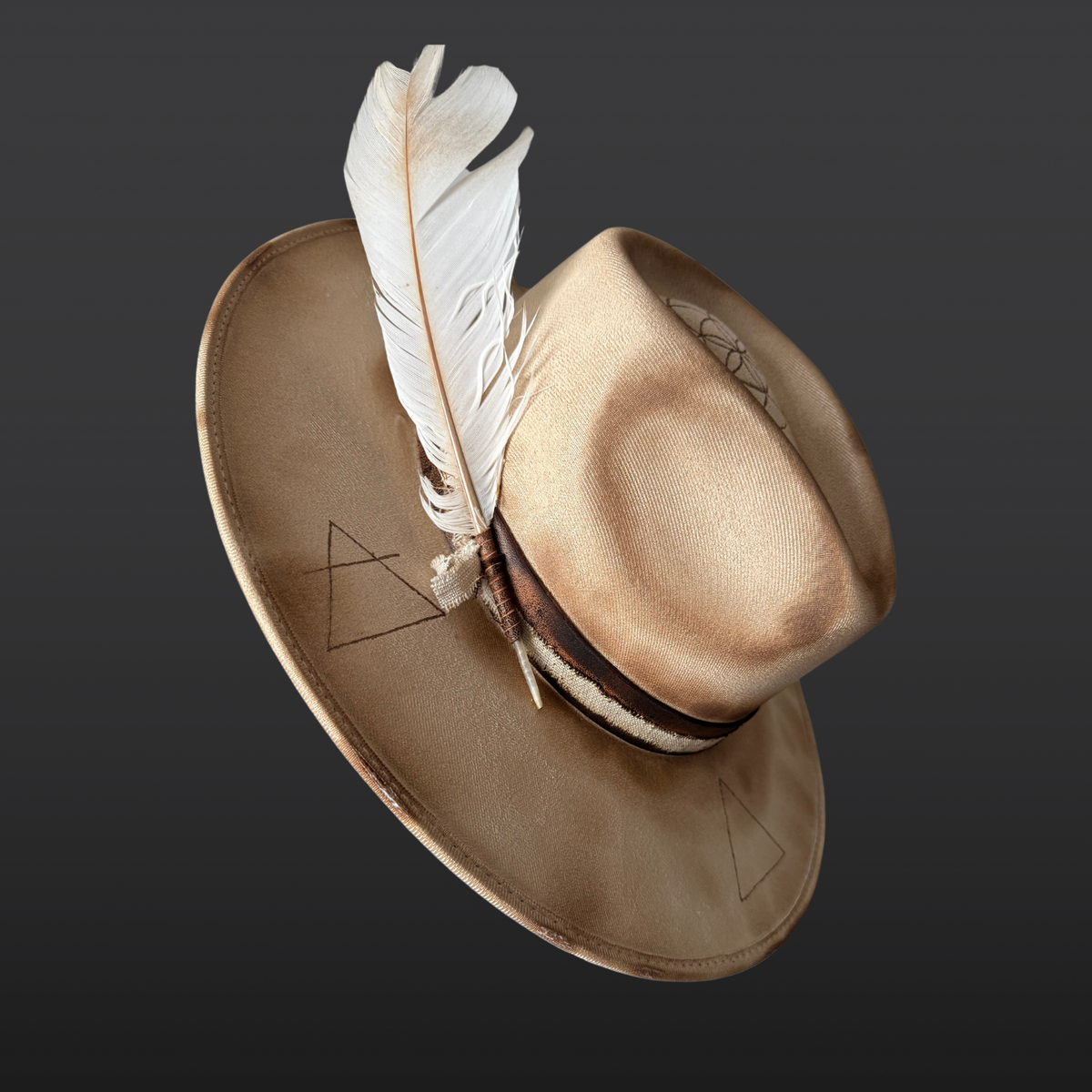 Left side view of Elemental Harmony cream fedora showing Seed of Life and Four Elements pyrography