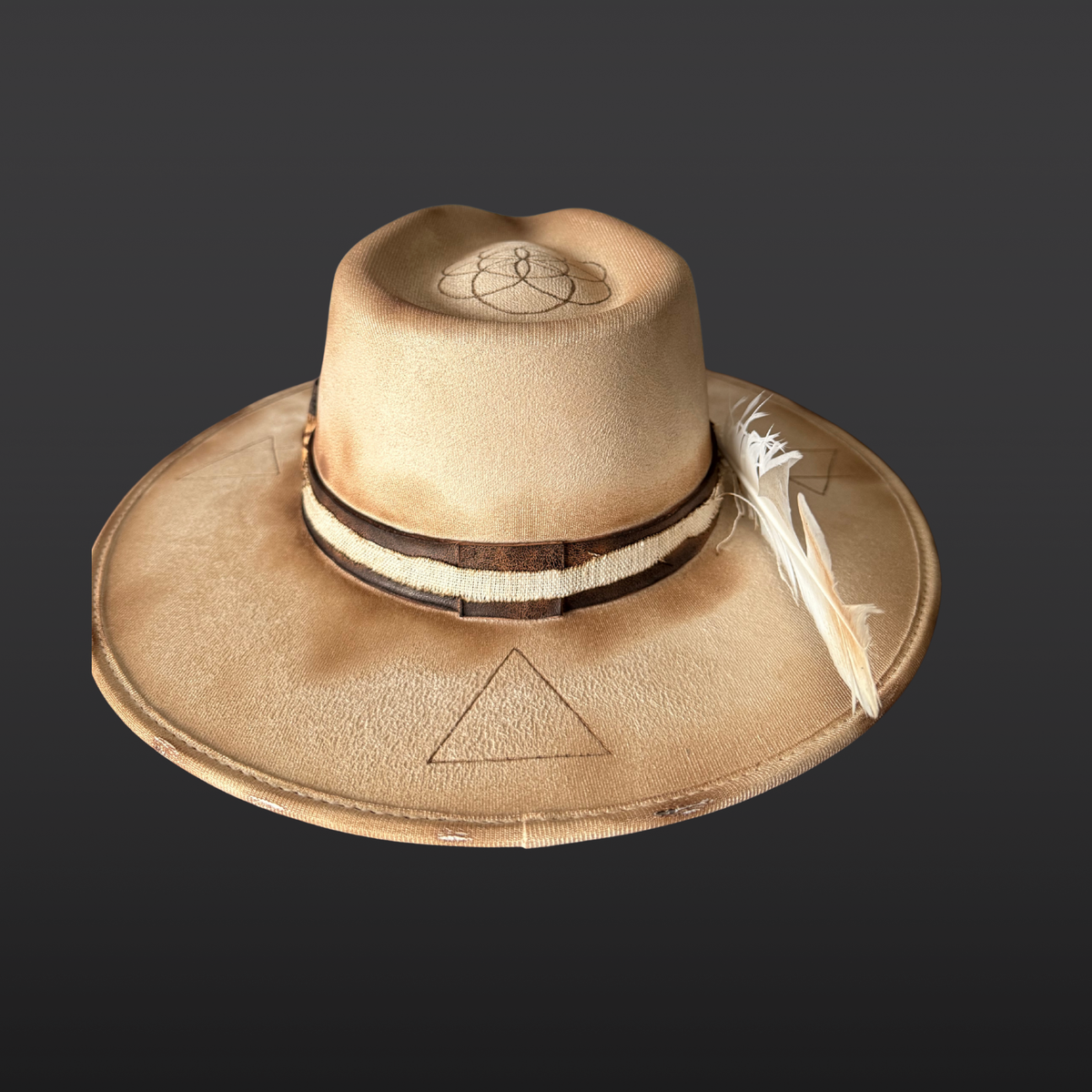 Back view of Elemental Harmony one-of-a-kind cream fedora with brown leather band and detailed pyrography