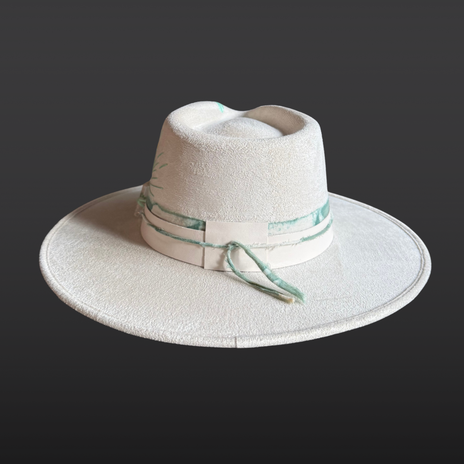 Back view of Lumina ivory wide brim fedora with elegant teal embroidery
