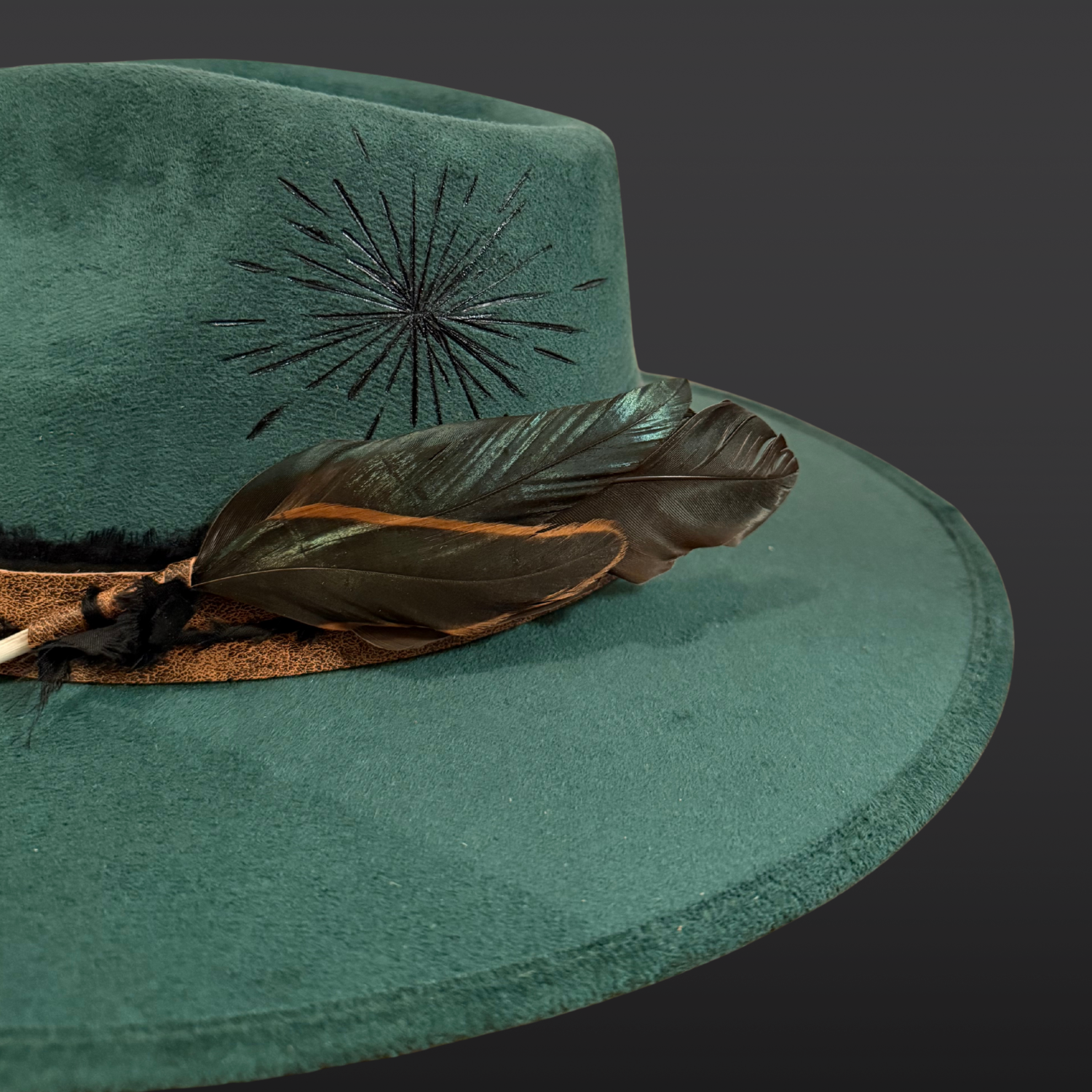 Aurora Terra Fedora Hat | Wide Brim Statement Hat for Soulful Style | Close up of rooster feathers
