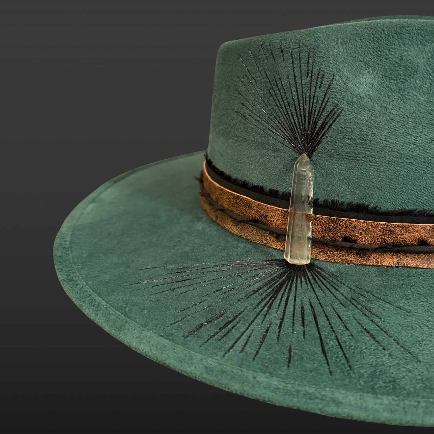 Aurora Terra Fedora Hat | Wide Brim Statement Hat for Soulful Style | Close up of clear quartz