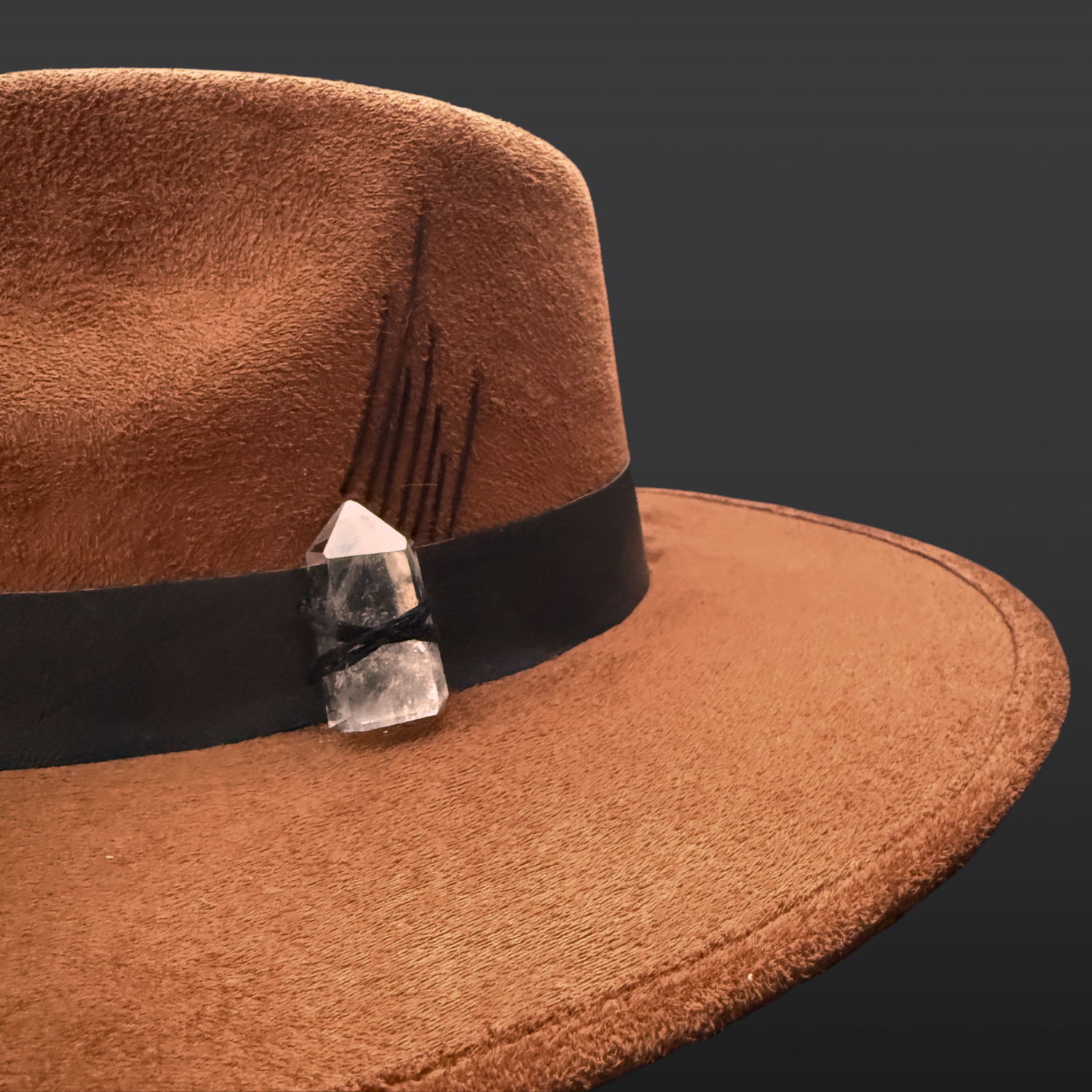 Colibri Fedora Hat /  | Wide Brim Statement Hat for Soulful Style | Close up of clear quartz crystal