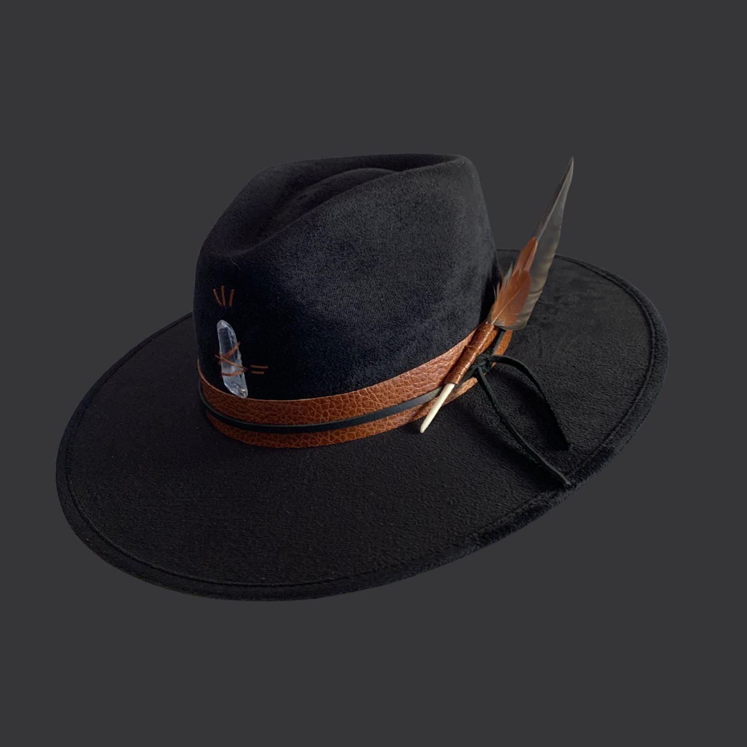 black wide brim fedora with clear quartz crystal / front view