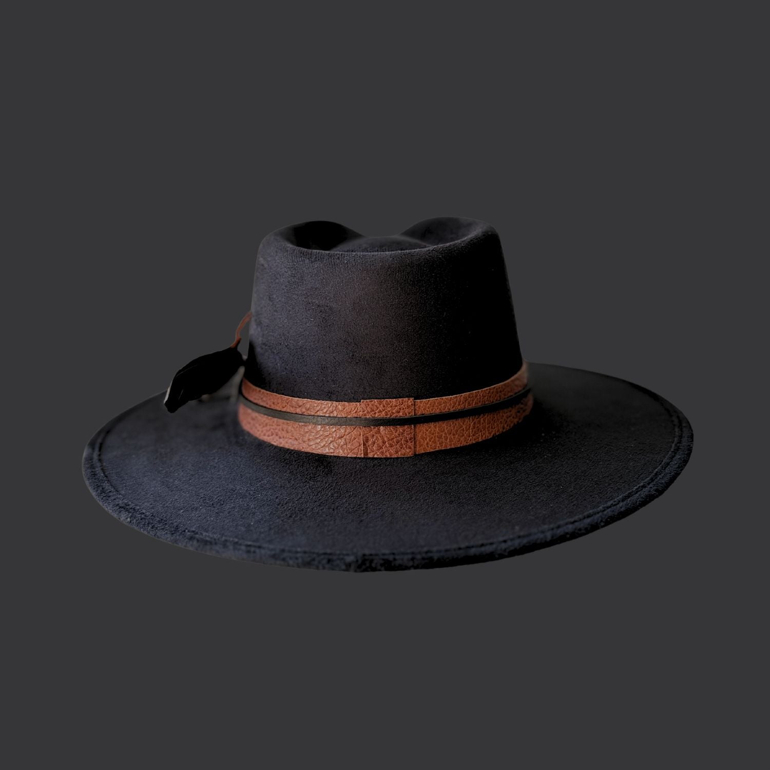 black wide brim fedora with clear quartz crystal / back view