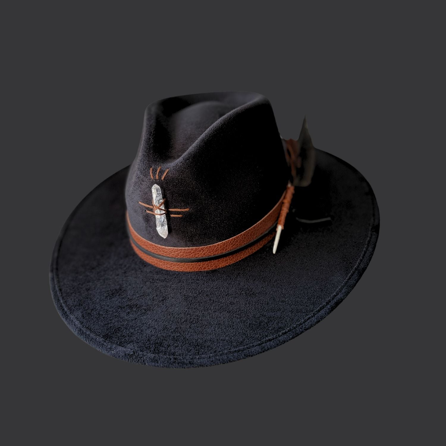 black wide brim fedora with clear quartz crystal / front view 3