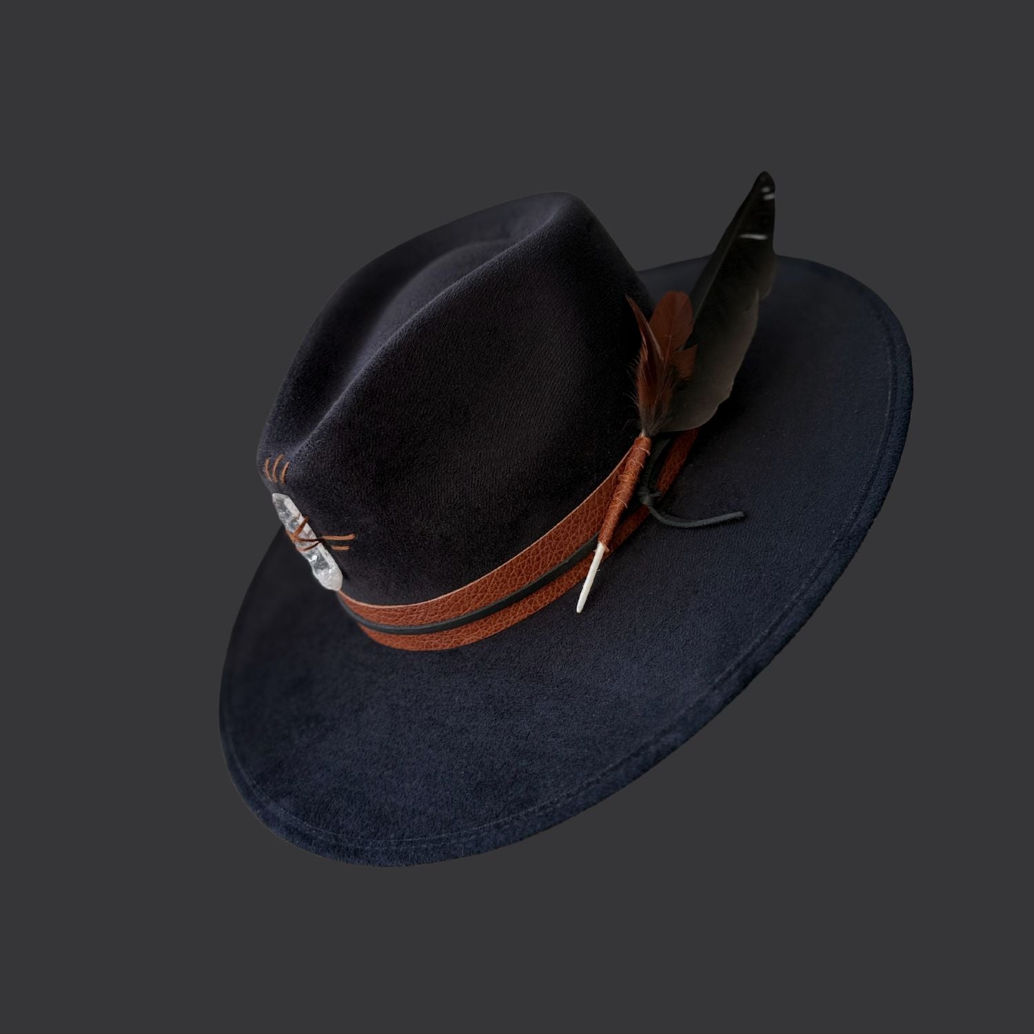 black wide brim fedora with clear quartz crystal / right side view