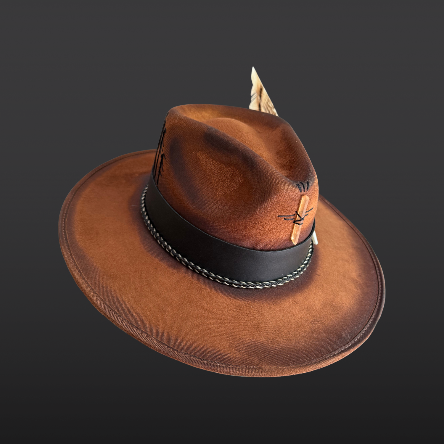 Wild in the Woods tobacco vegan suede fedora hat with black leather band, tangerine quartz crystal and turkey feather