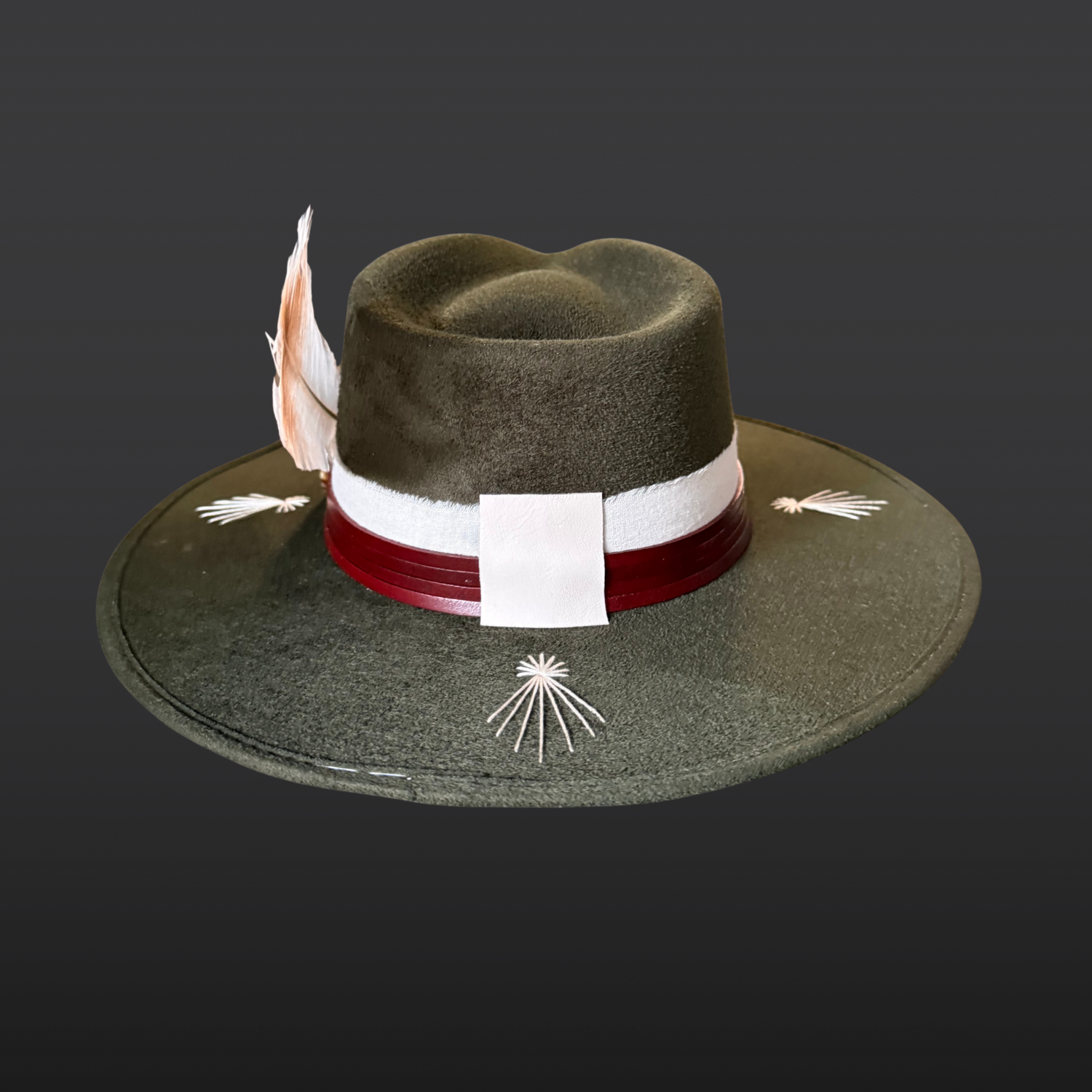 Back of Kindred forest green fedora hat with ivory embroidered bursts across the brim