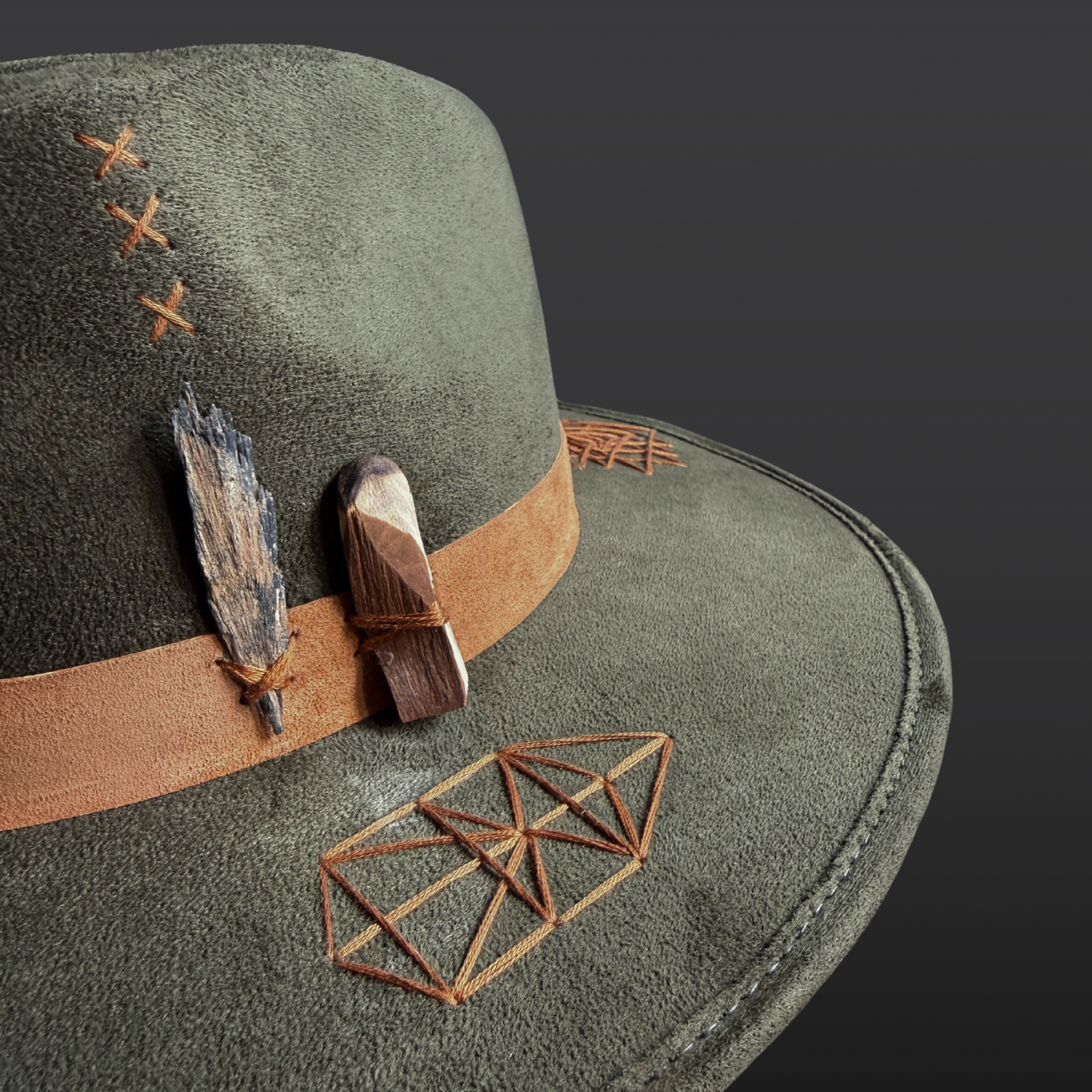 Close-up of Palo Santo and black kyanite accents on the Root & Radiance fedora