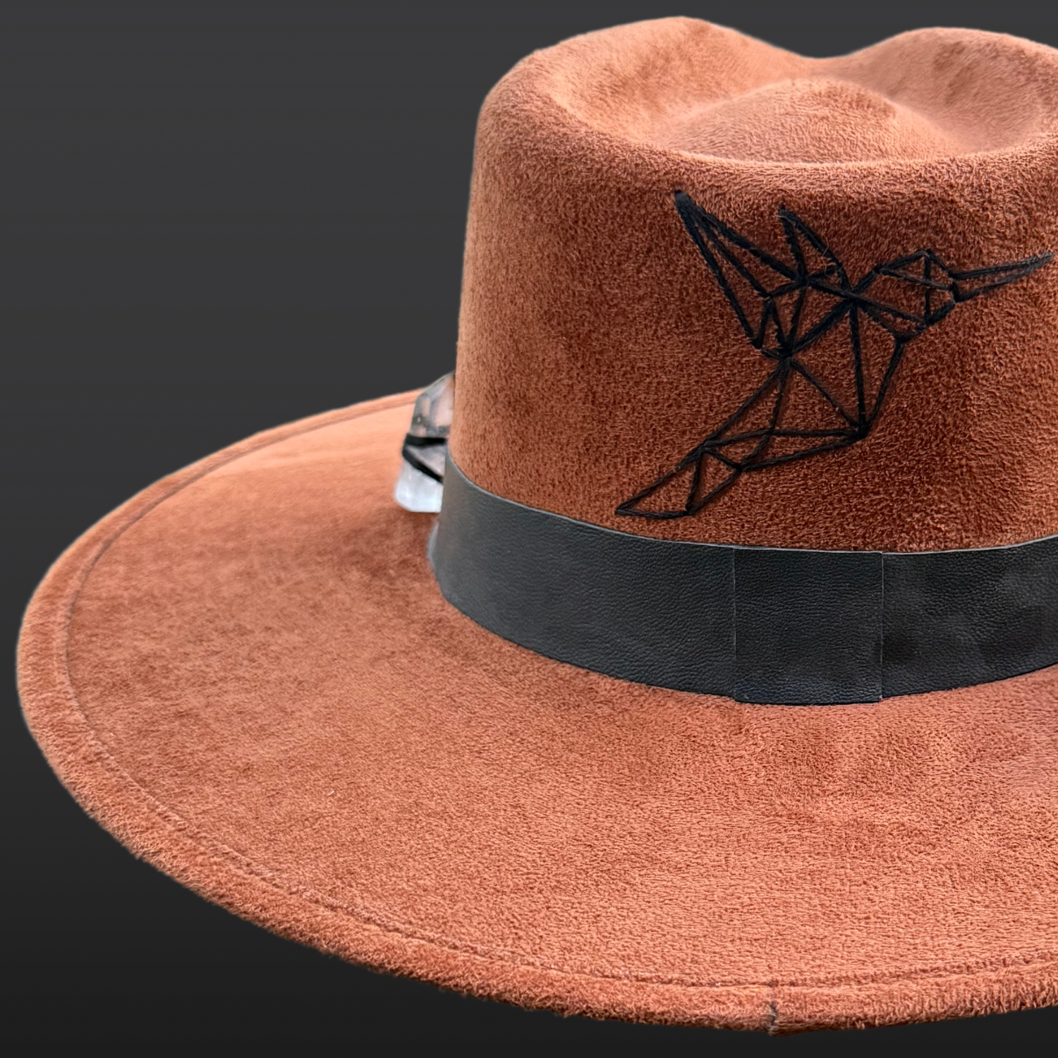 Colibri Fedora Hat /  | Wide Brim Statement Hat for Soulful Style | Close up of embroidered hummingbird