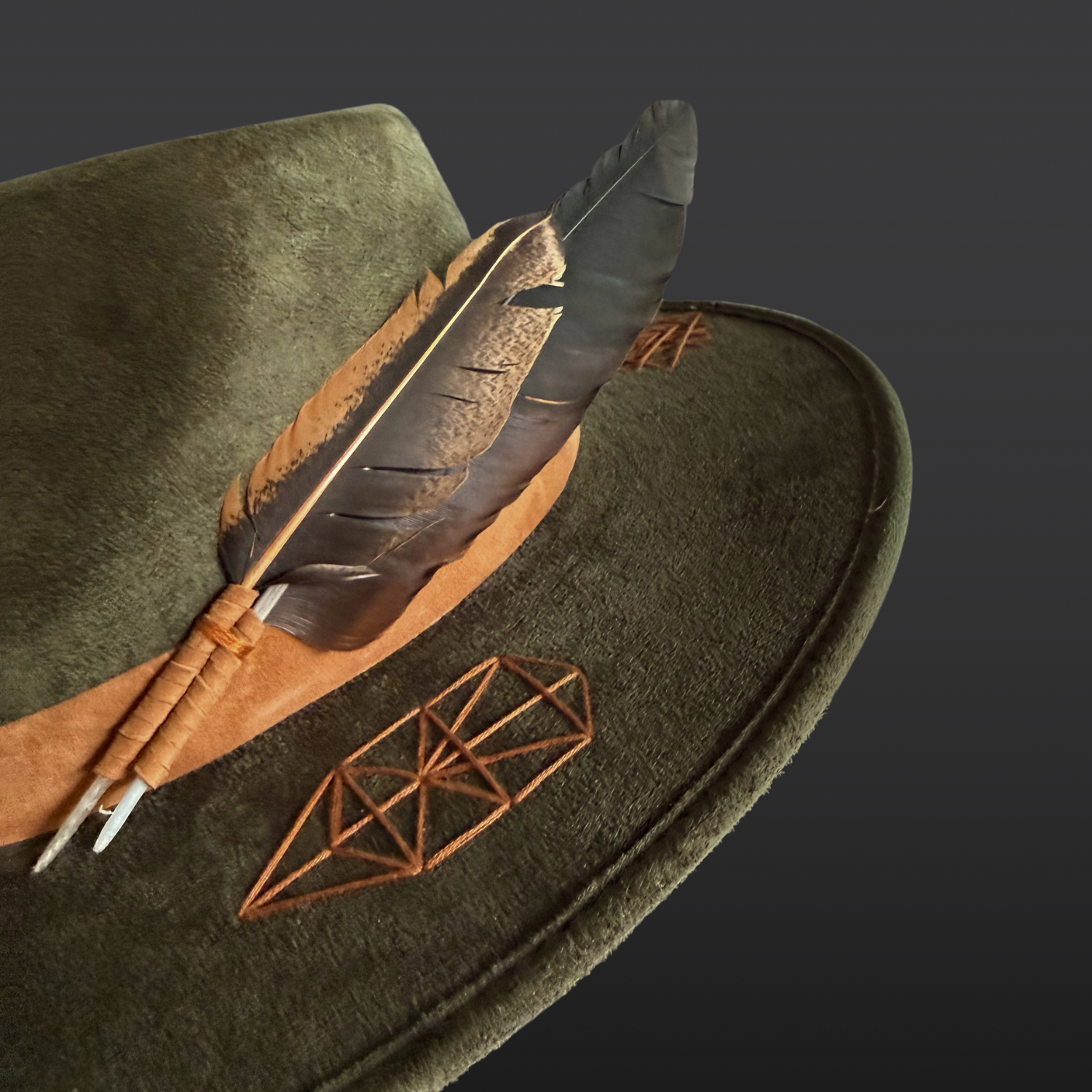 Close-up of ethically sourced crow and rooster feathers on the Root & Radiance fedora