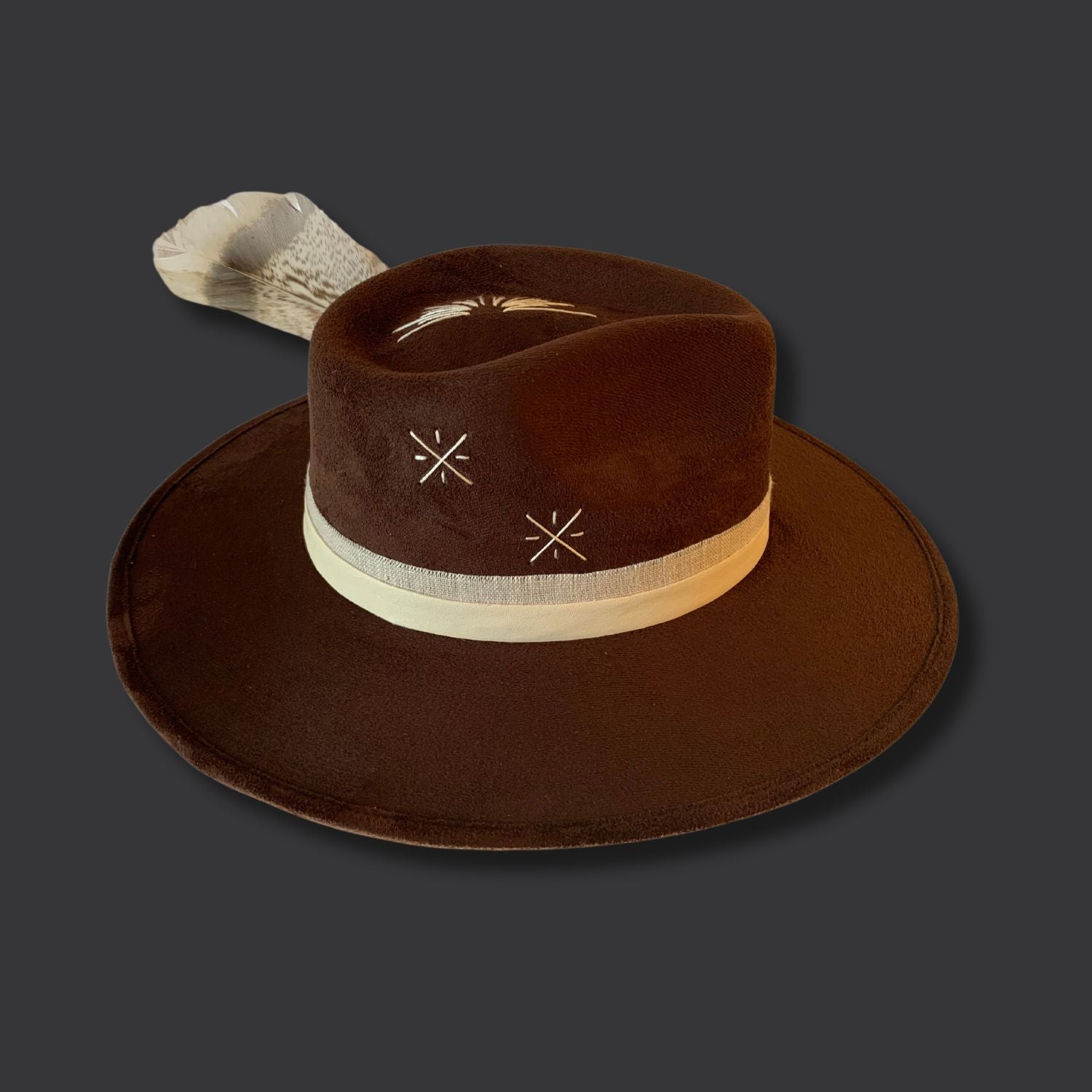 Brown wide brim fedora with celestite crystal and hand embroidered sunburst design / left side view