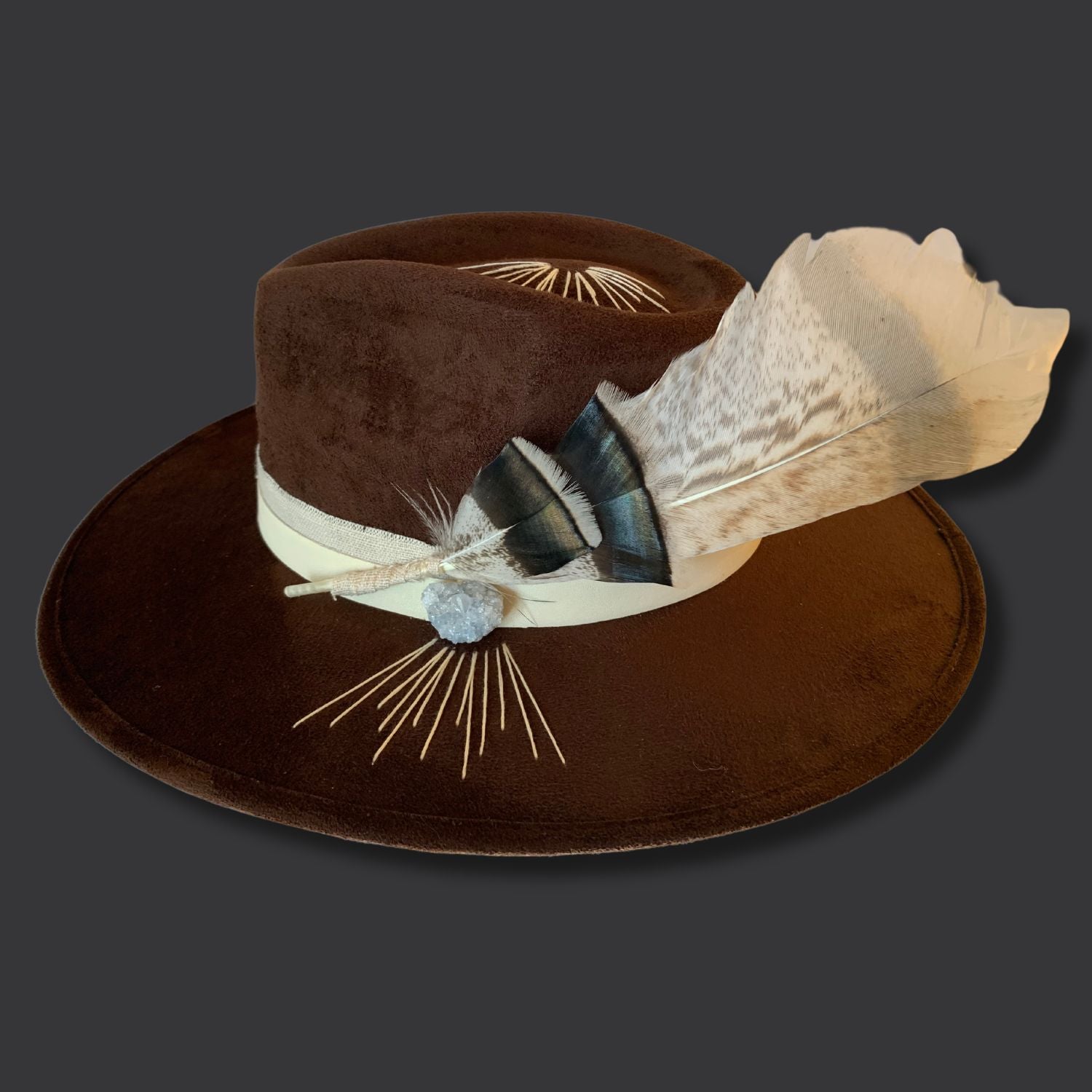 Brown wide brim fedora with celestite crystal and hand embroidered sunburst design / right side view