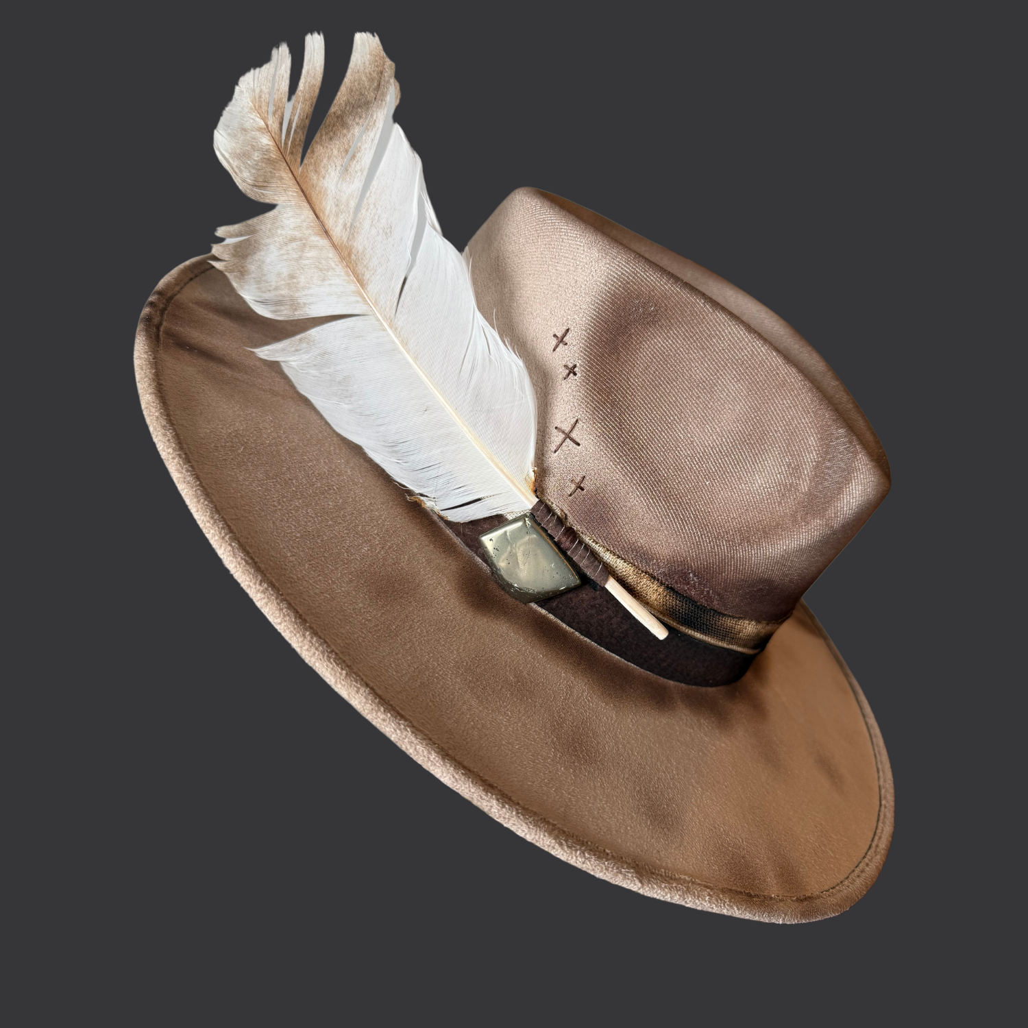 Khaki wide-brim vegan suede fedora with hand-burned design, pyrite stone, and turkey feather