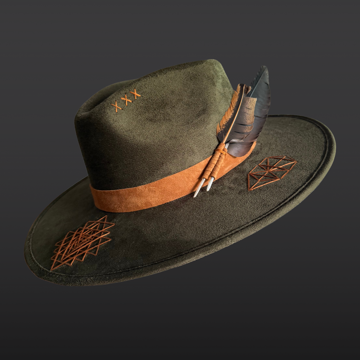 Right side view of Root & Radiance fedora with geometric Tree of Life embroidery along the side brim