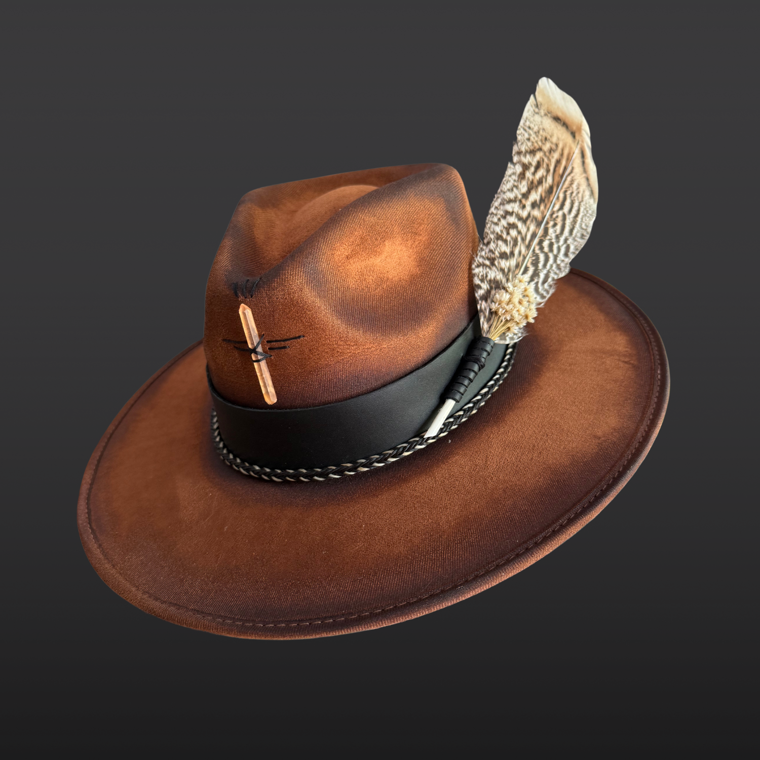 Wild in the Woods one-of-a-kind boho wide brim fedora hat in tobacco vegan suede with tangerine quartz crystal