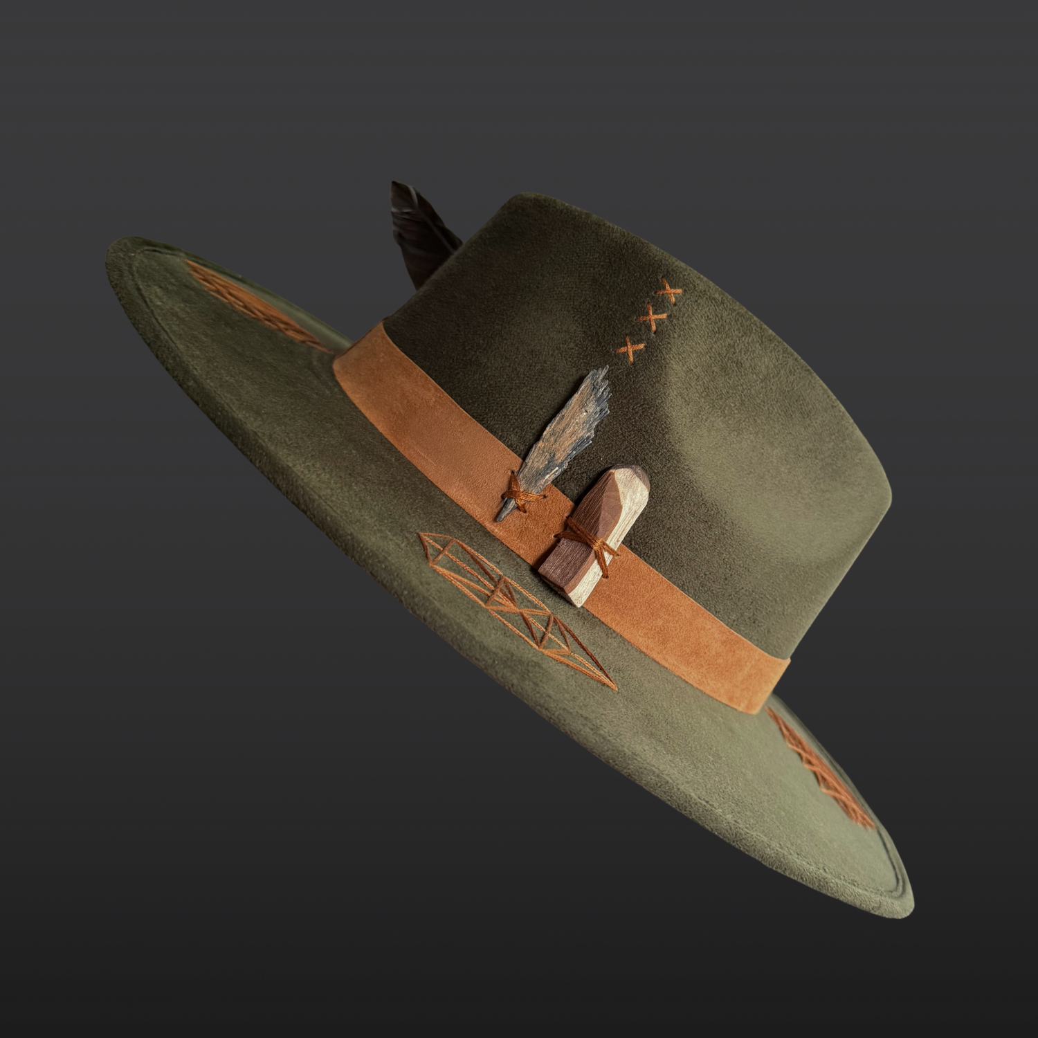 Root & Radiance forest green fedora hat with sacred geometry embroidery