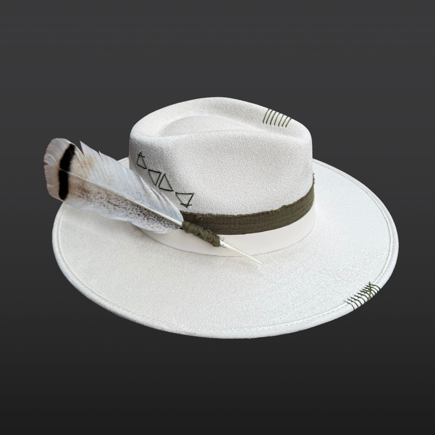 Left side view of Delta Fedora Hat showcasing an embroidered sacred geometry triangle pattern on an ivory wide brim fedora.