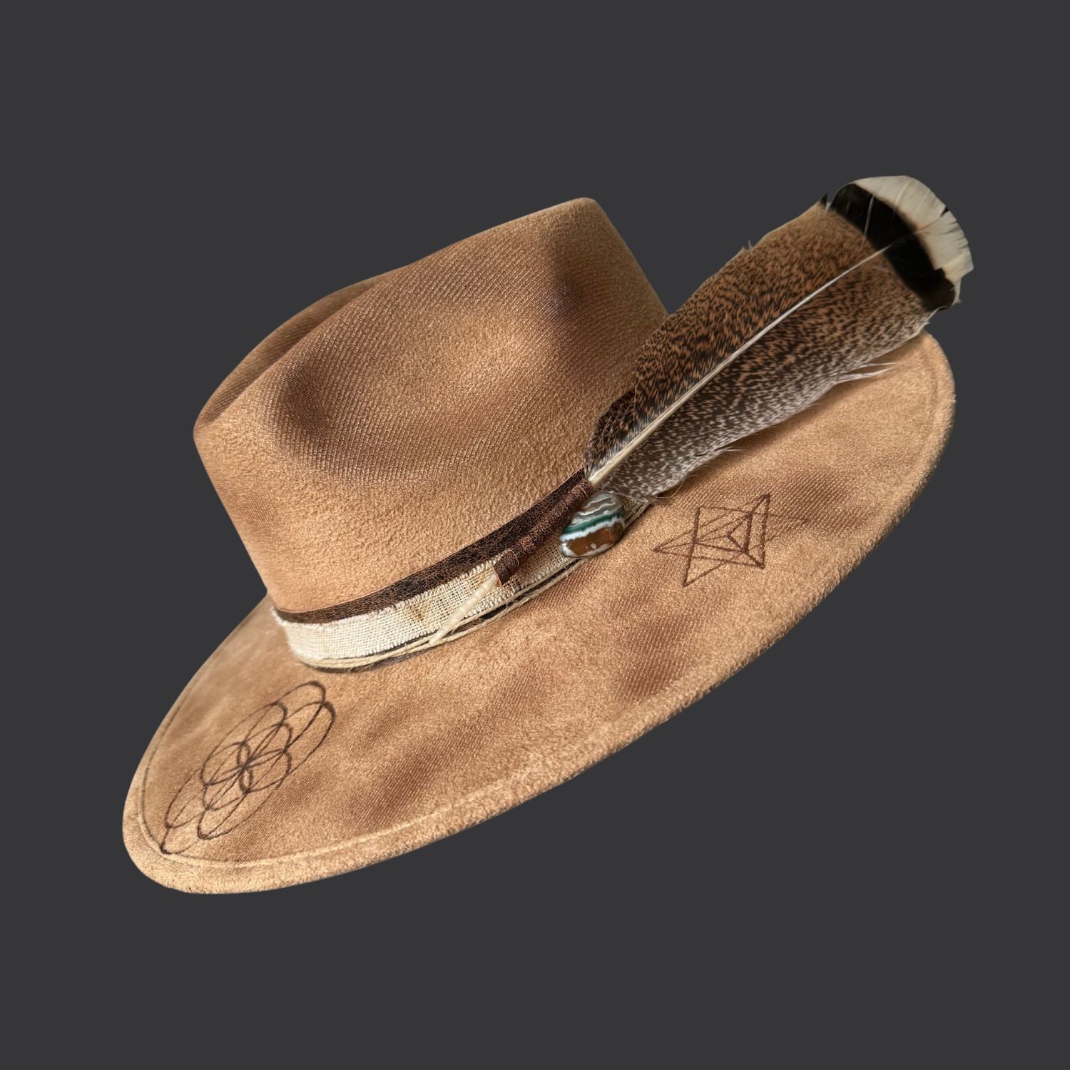 Camel boho fedora hat with hand burned Seed of Life design, agate crystal detail, and dark brown leather band / right side view 2