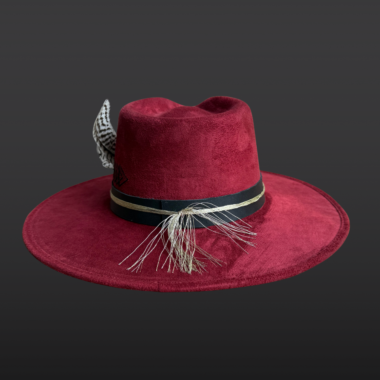Back profile of the Funk It Up fedora hat showcasing the black leather band, gold accents, and silver pheasant feather detail.