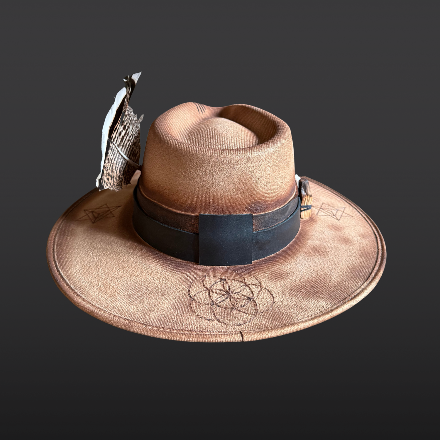 Back of camel wide brim fedora with hand-burned distressed finish and layered leather bands
