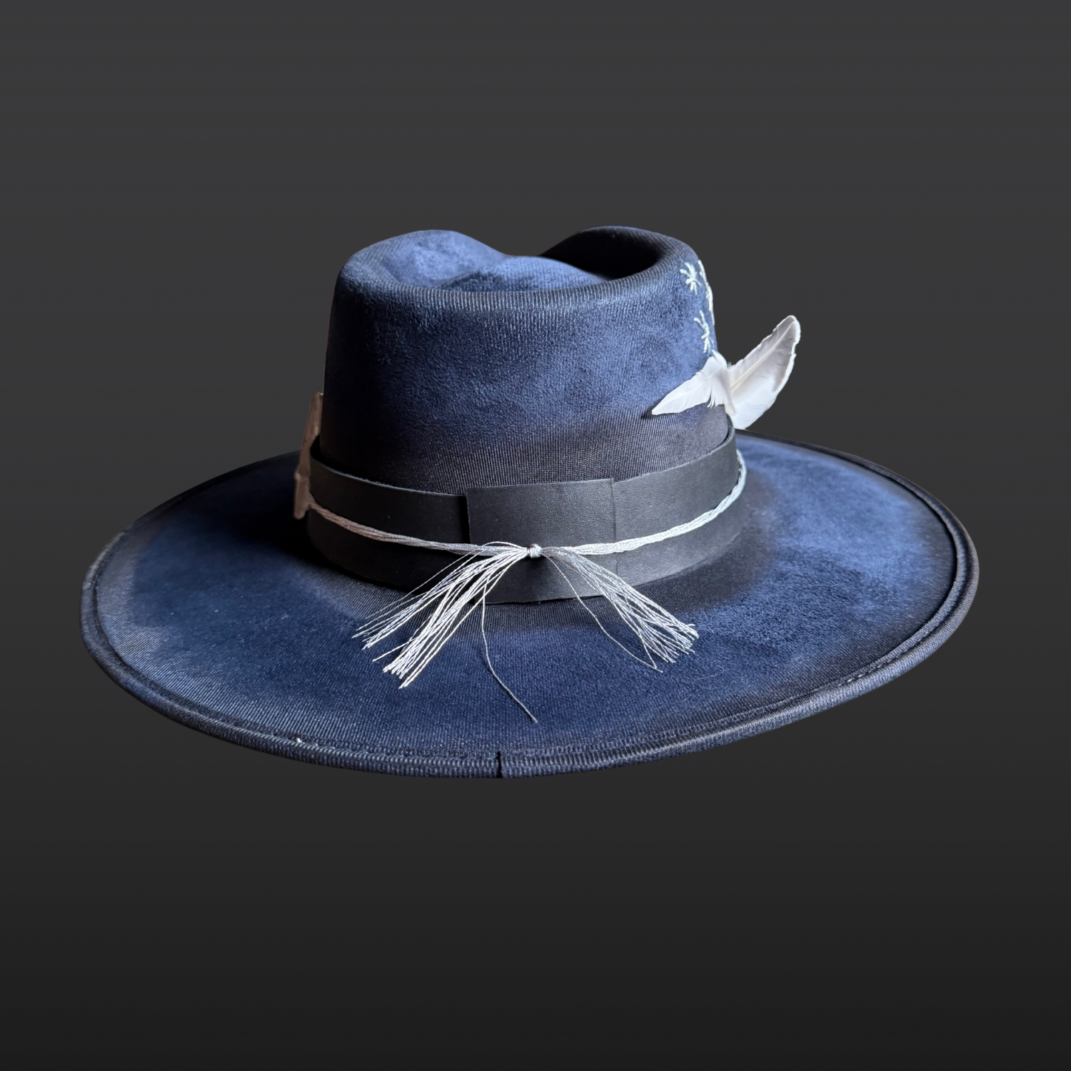Back view of the Celestial Alignment Fedora Hat showcasing deep navy vegan suede and elegant minimalist design.