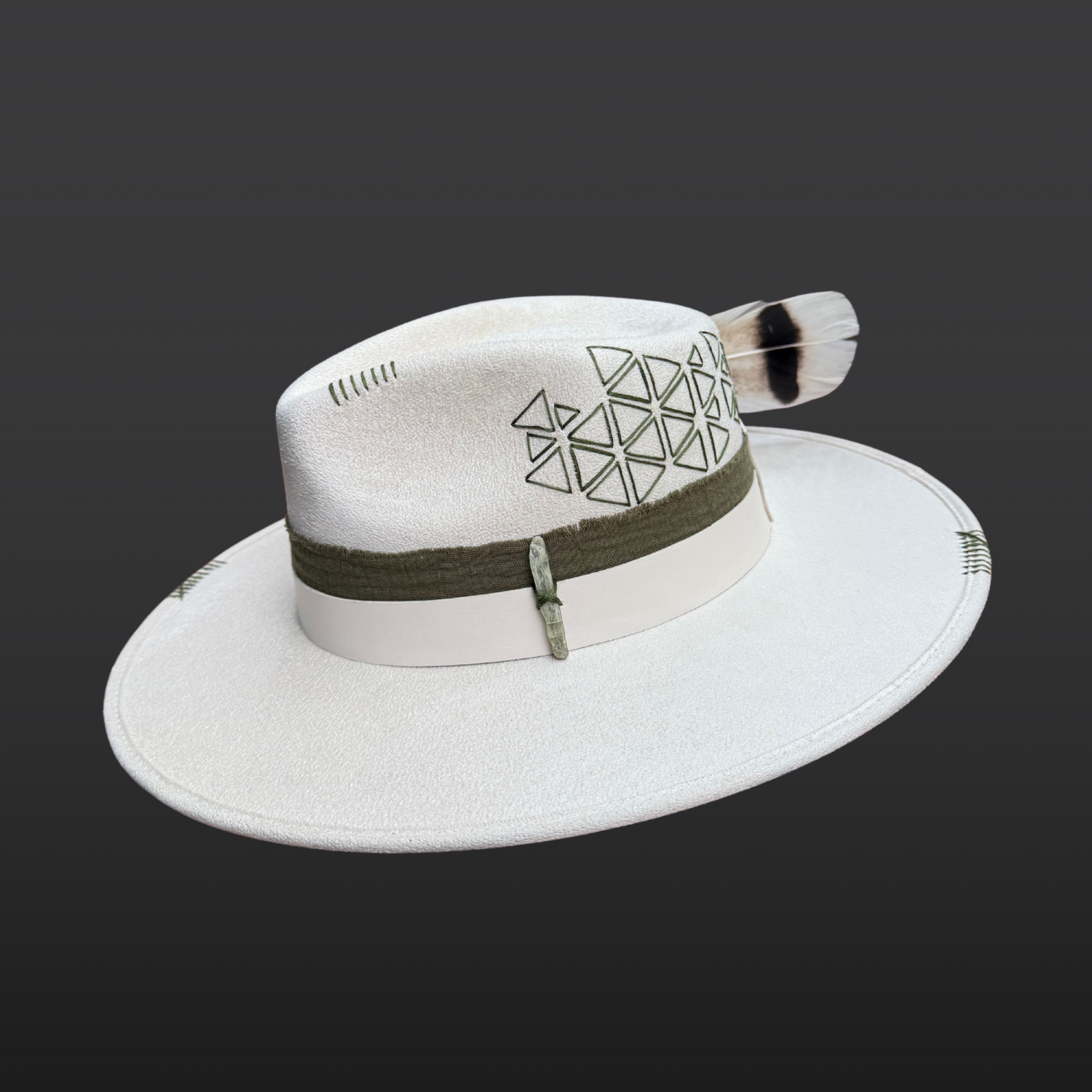 Delta Fedora Hat with sacred geometry triangle embroidery, green kyanite crystal, and elemental symbols on an ivory wide brim fedora
