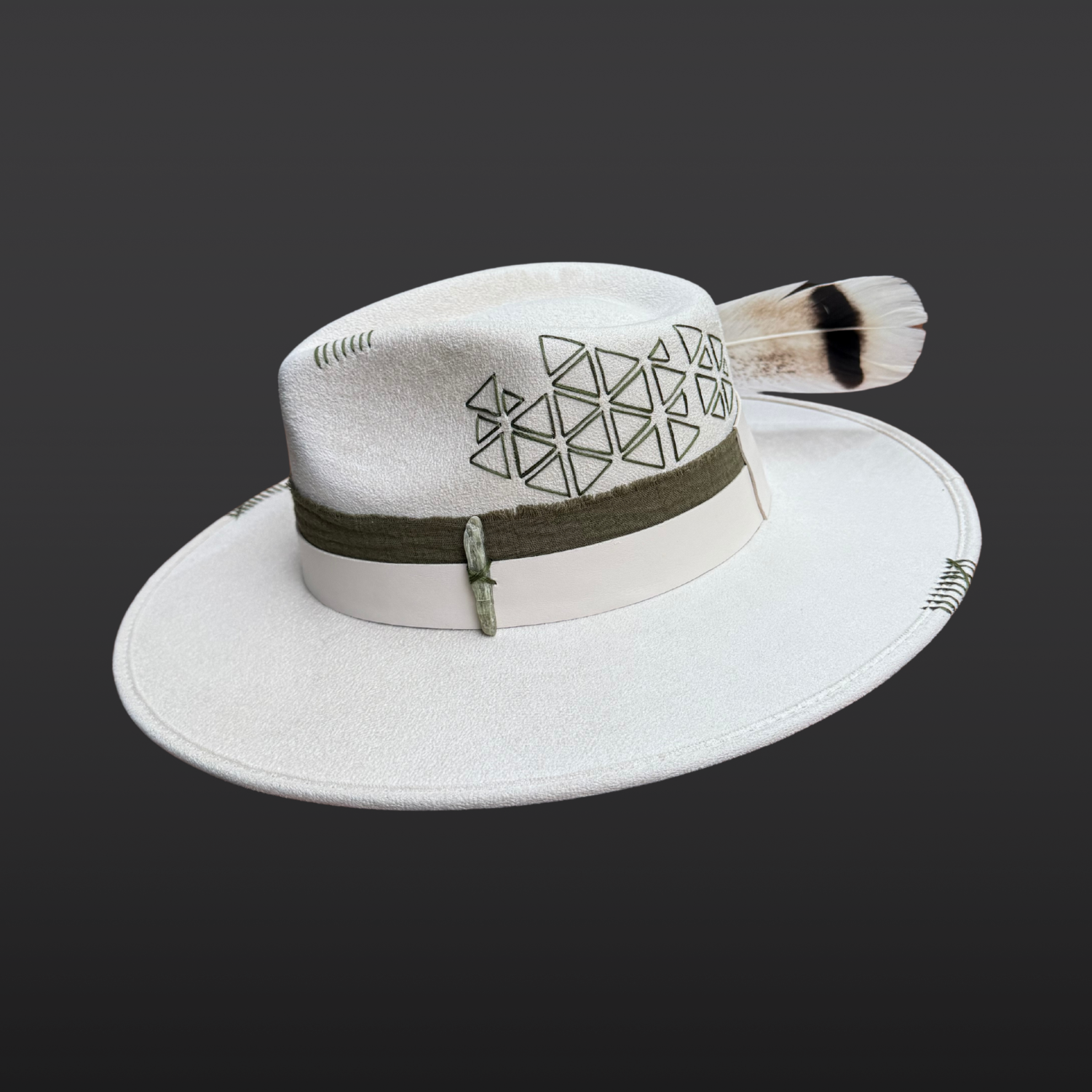 Agreed right side view of Delta Fedora Hat showcasing an embroidered sacred geometry triangle pattern on an ivory wide brim fedora.
