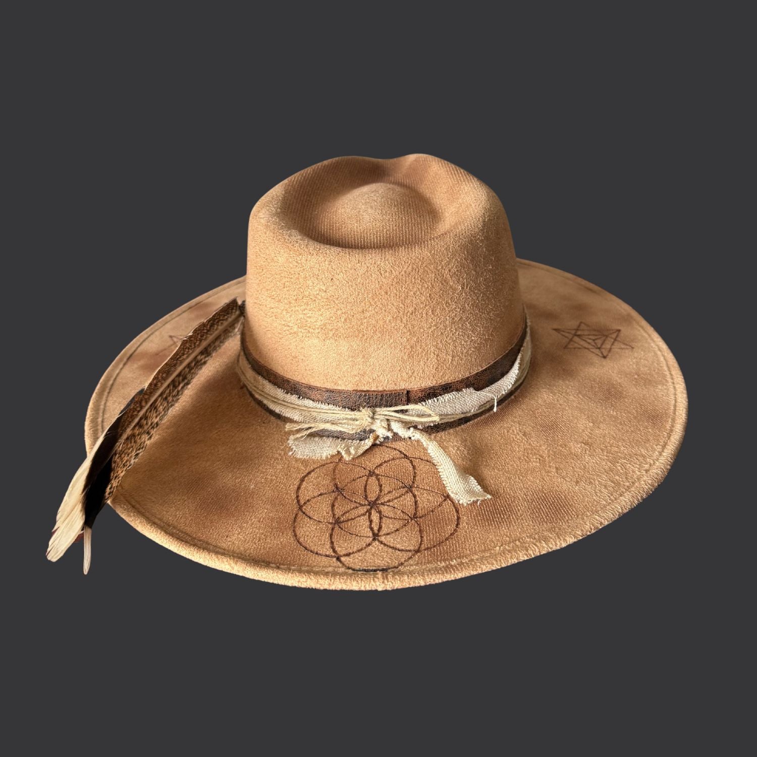 Camel boho fedora hat with hand burned Seed of Life design, agate crystal detail, and dark brown leather band/ back view