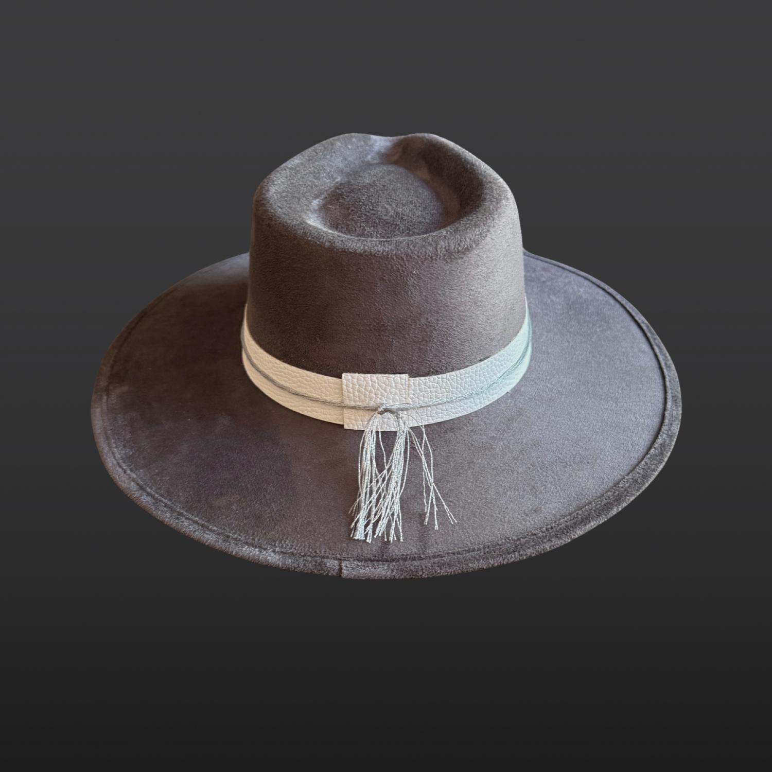 Back side view of a gray statement fedora featuring a hand-embroidered silver triangle and Lemurian quartz crystal.