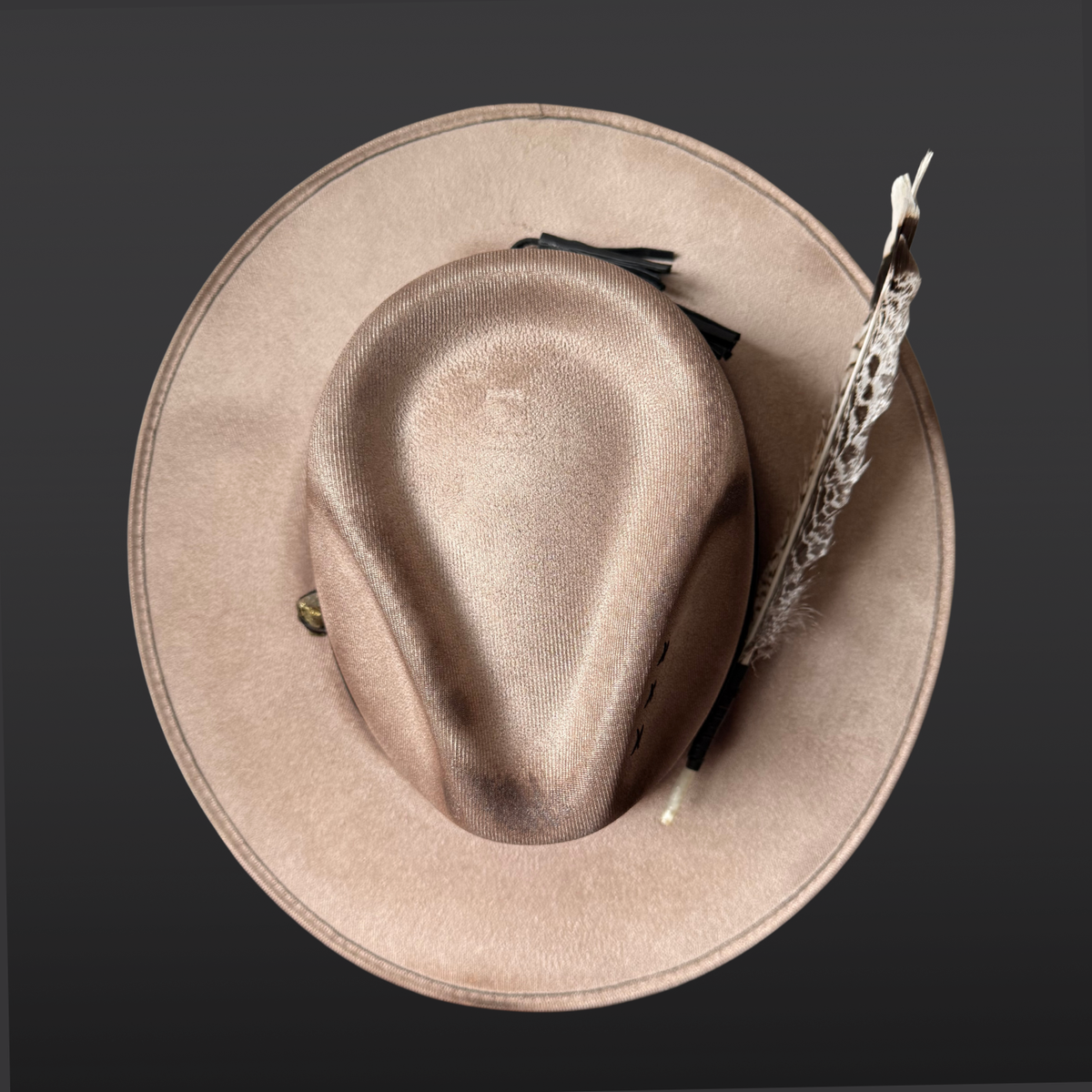 Top view:
A wide-brimmed khaki fedora shown from the back, featuring a black leather band with long flowing leather tassels and turkey feather accents.