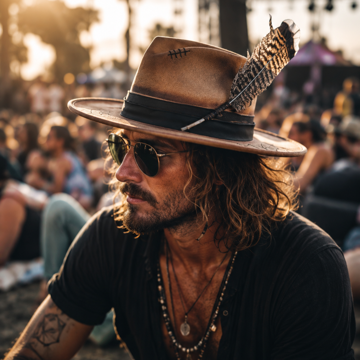 Boho rugged man at a music estival wearing the Fire Keeper Fedora Hat with sacred geometry in Camel by Inara hat Co.