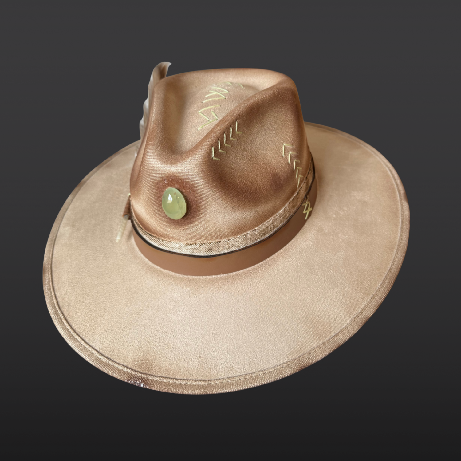 Cream wide-brim fedora with prehnite stone, green embroidery, and MIND BODY SOUL  embroidered on crown top, leather and cotton band, feather detail