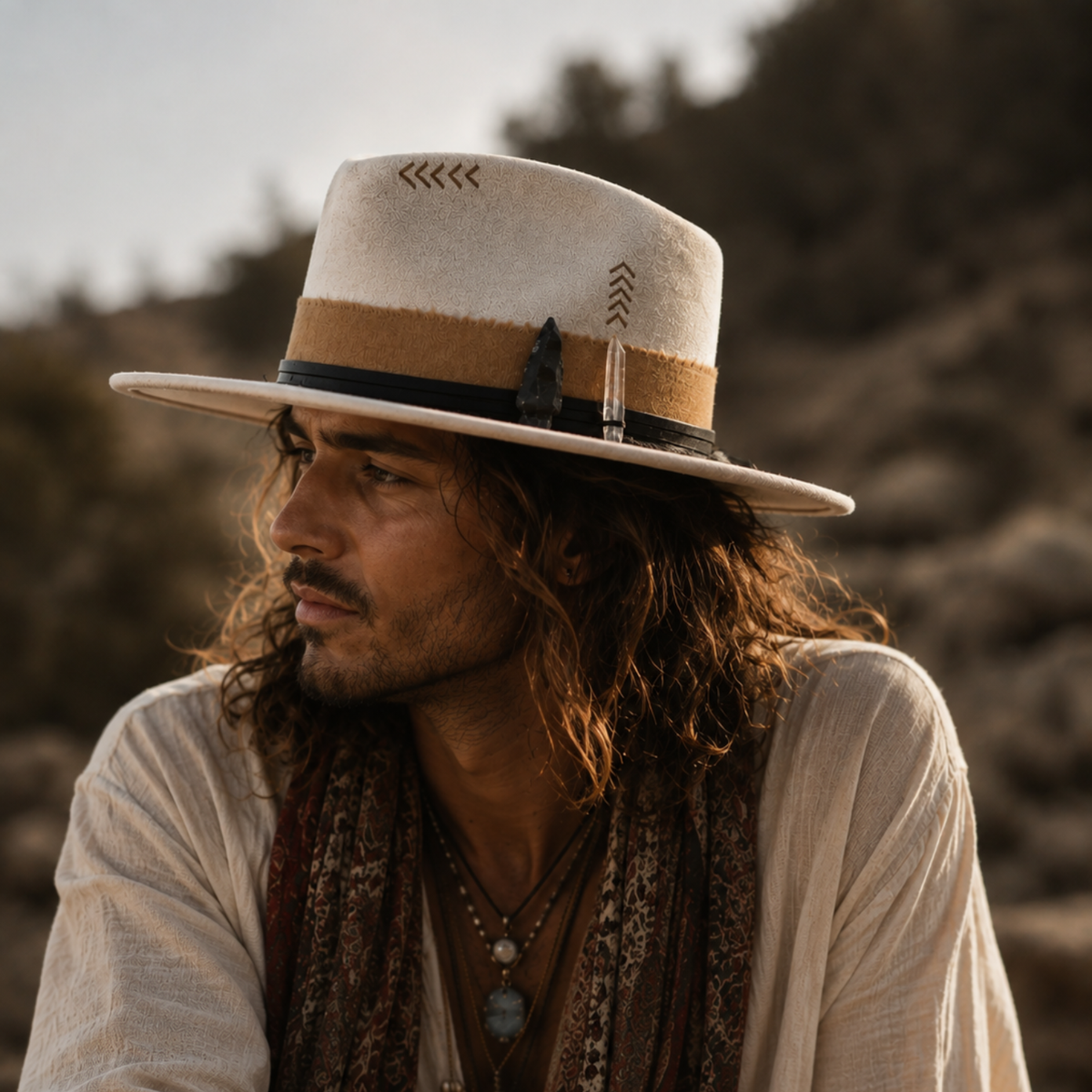 A man in a desert landscape wearing a wide-brimmed ivory-colored fedora hat with a tan band, black leather band, Sumerian quartz, and obsidian arrow, along with a light shirt and patterned scarf.